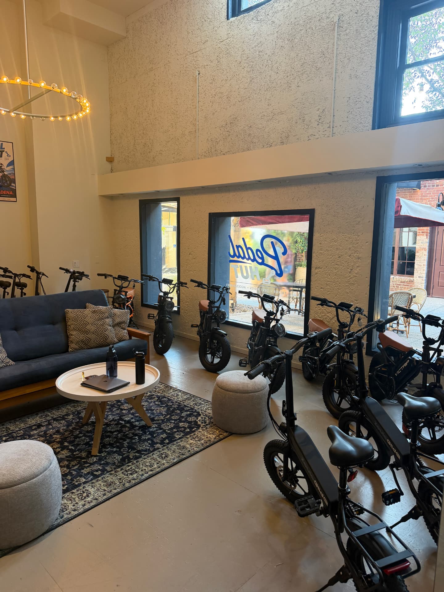 E-bikes lined up inside the Pedal Hut showroom