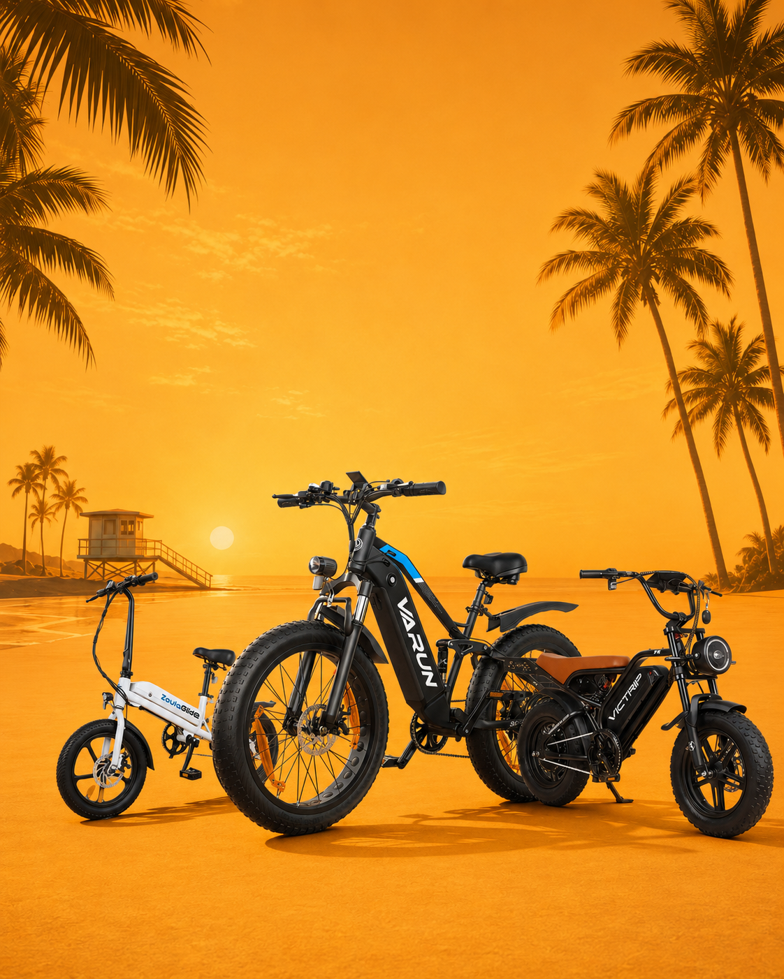 Pedal Hut e-bike lineup at a Los Angeles sunset